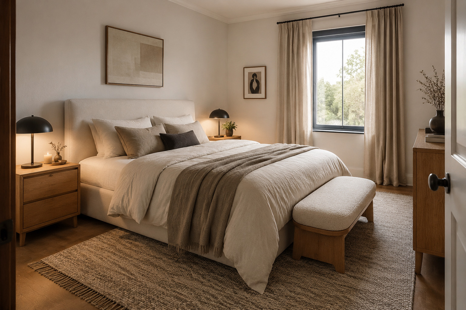 Chambre principale chaleureuse en tons crème et bois naturel.
